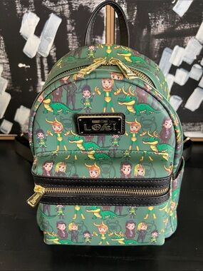 Loungefly Green Loki Chibi Character Mini Backpack with Gold Hardware